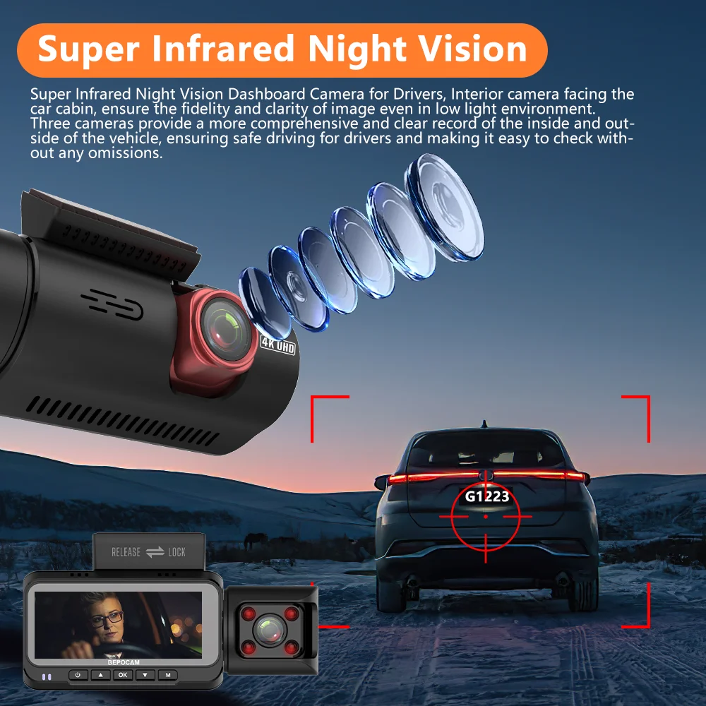 BEPOCAM 4K Dash Cam 3 Lens Dash Camera Built-In GPS Wifi 24H Parking Monitor Night Vision 5G Car DVR Dashcam APP Control ZD80