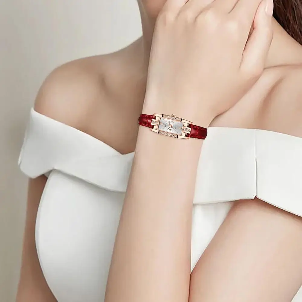 Reloj de cuarzo con correa de cuero para mujer, reloj de pulsera cuadrado con diamantes, informal, exquisito, de lujo
