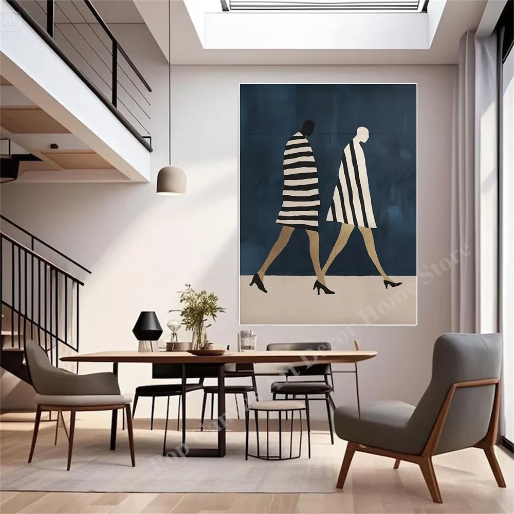 

Modern Minimalist Hand-Painted Abstract Striped Figure Oil Painting Canvas Wall Art for Living Room Home Decor