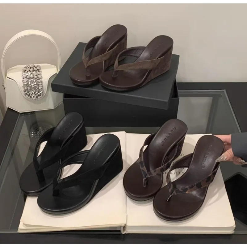

Summer Leopard Print Clip Toe Platform Wedges Women Slippers Fashion Thick Bottom High Heels Flip Flops Shoes