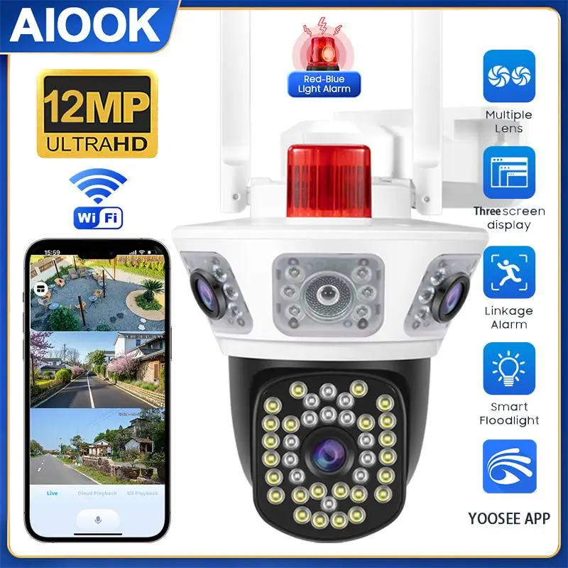 AIOOK 3 Obiettivo WIFI Telecamera HD 12MP Telecamera Esterna Impermeabile Visione Notturna IP CCTV Citofono Bidirezionale Rilevazione di Movimento Videocamera