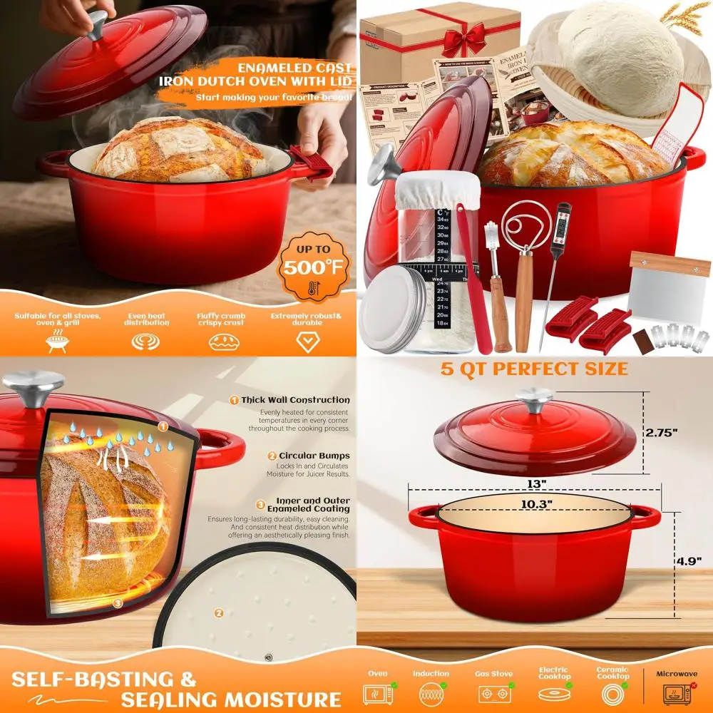 

5-Quart Enamel-Coated Cast Iron Dutch Oven with Lid, Sourdough Bread Baking Accessories: Banneton, Starter Jar, Lame Knife, Oven