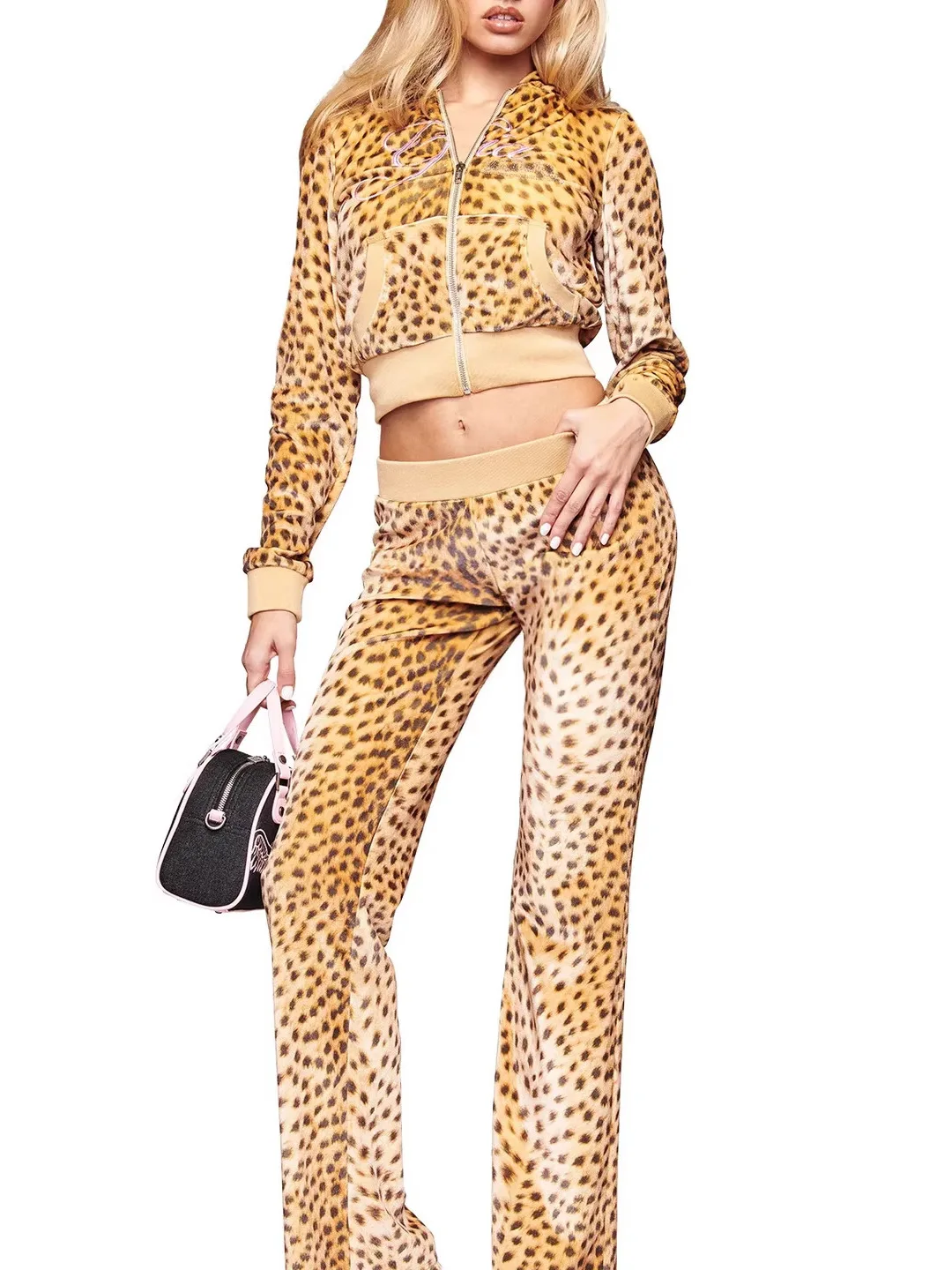 

IIA X VON DUTCH Leopard Print Embroidery Logo Zipper Hooded Jaet And Pants Set Women's Faion Ensemble High Waist Long Pants