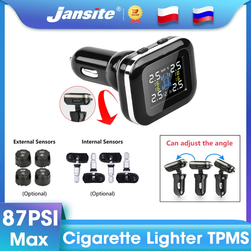 

Jansite Car TPMS Cigarette Lighter Tire Pressure Monitoring System Sensors Auto Security Tpsm Sensor Adjustable Display Angle