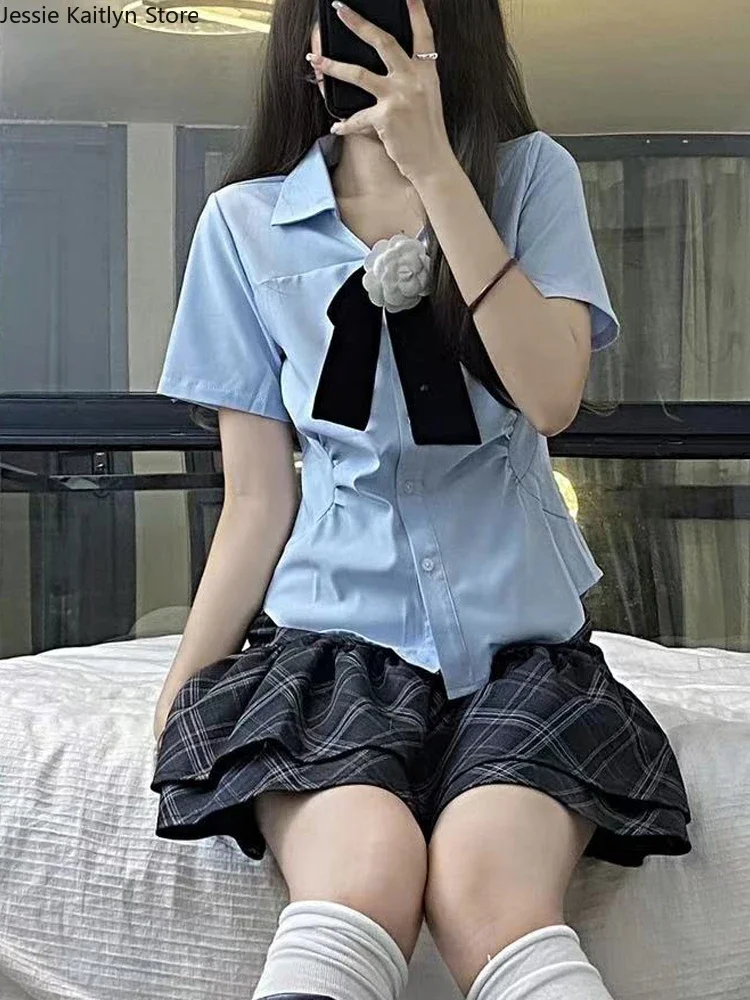 JK ชุดนักเรียนญี่ปุ่นน่ารักชุดสองชิ้นสำหรับ MODE Korea ชุดเสื้อวินเทจสีฟ้าและกระโปรงลายสก๊อตขนาดเล็ก