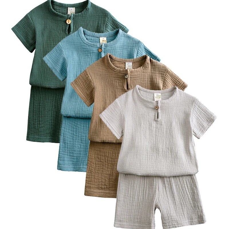 

Комплект детской одежды из 8 предметов для мальчиков и девочек: летний стиль, футболка с коротким рукавом и шорты из хлопка и льна на пуговицах