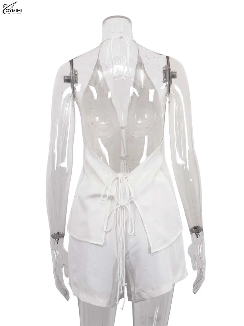 Oymimi Summer White Sets Womens 2 Piece Casual Halter Collar Lace-Up Open Back Tops And High Waist Pockets Shorts Female Sets