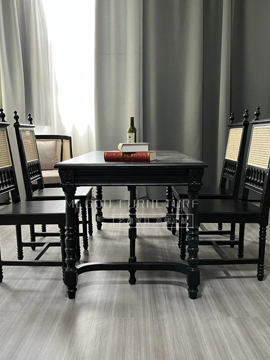 โต๊ะอาหารแบล็คไนท์ ไม้เนื้อแข็ง สไตล์ฝรั่งเศสย้อนยุค โต๊ะสี่เหลี่ยม โต๊ะอาหาร โต๊ะวางของที่ทางเข้า