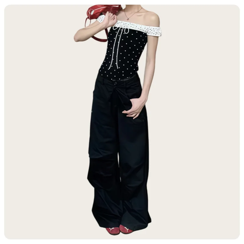 Korean Retro Style Women's Navy Blue and White Off-The-Shoulder Short-Sleeve Tie-Front Slim-Fit Crop Top