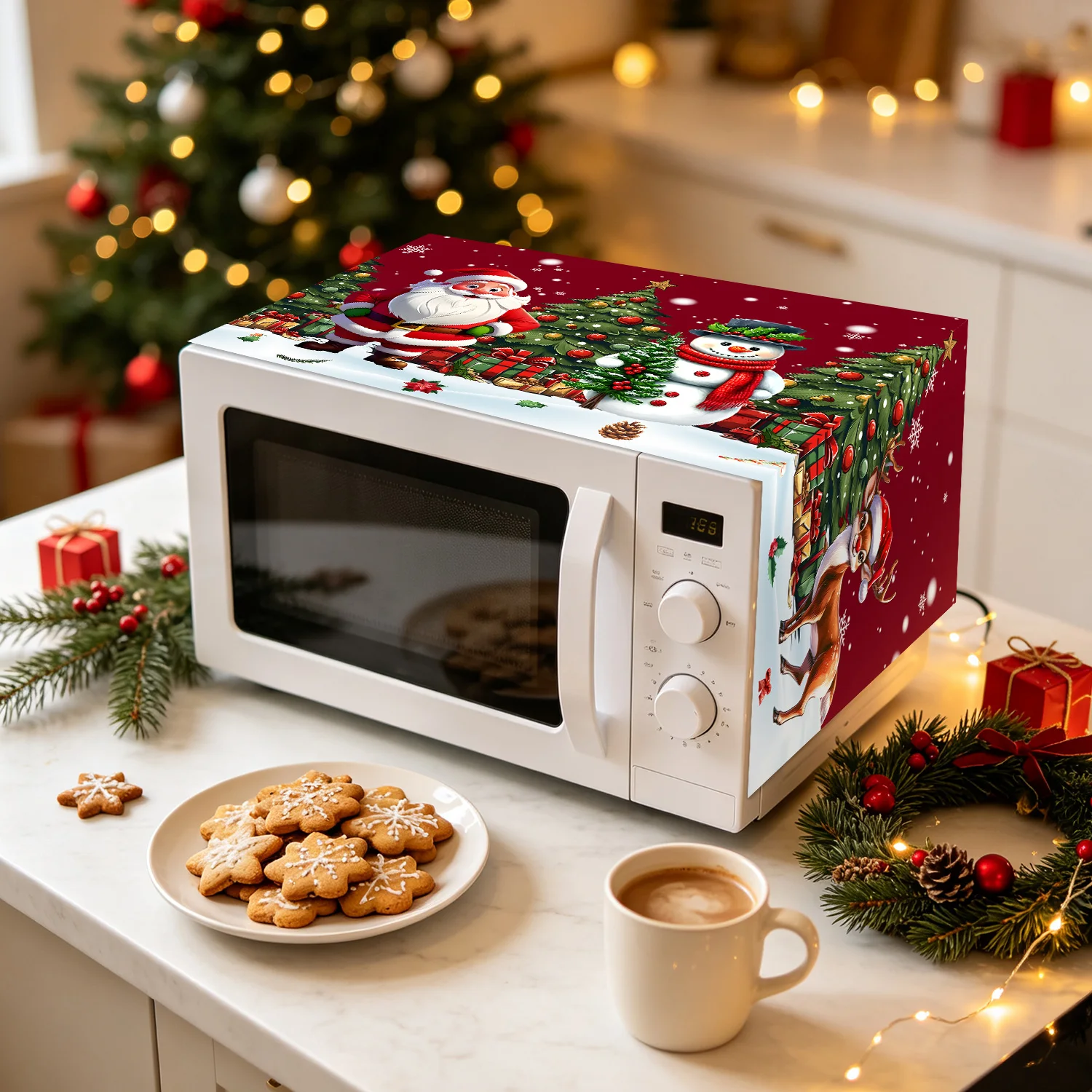 Weihnachts-Mikrowellen-Abdeckung mit Weihnachtsmann-, Schneemann- und Rentier-Motiv, Küchen-Staubschutz, dekorative Feiertagsdekoration für die Küche. – Detail 4