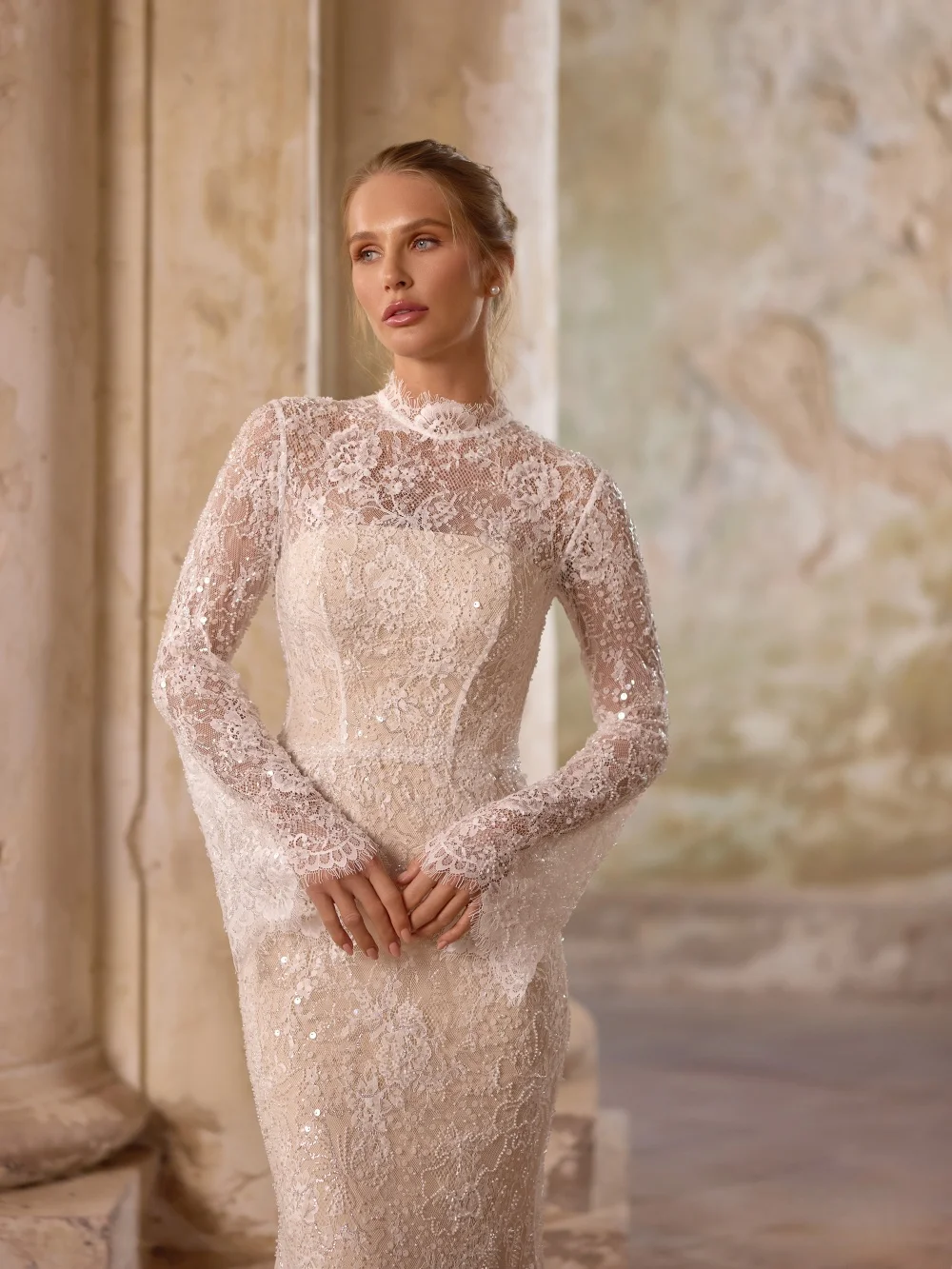 فستان زفاف دانتيل مطرز فخم ذيل قابل للانفصال حورية البحر فستان زفاف طويل مخصص فساتين متواضعة ذات ياقة عالية للعروس #3