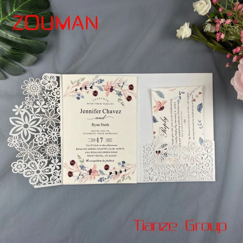 Carte d'invitation de mariage découpée au laser personnalisée, fleurs creuses, luxe, bonne qualité