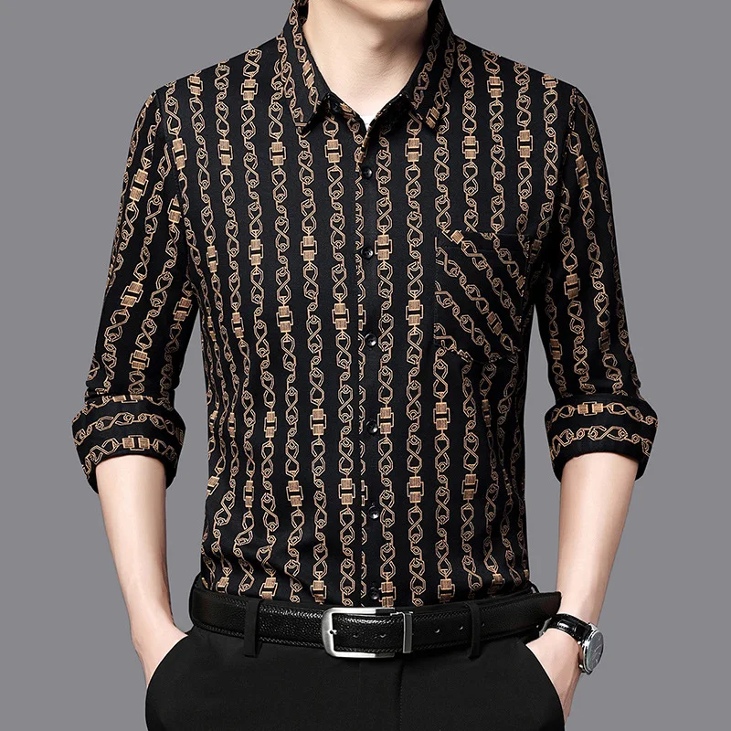 Spring and Autumn Men's Polo Collar Single Breasted Geometric Printed Button Long Sleeve T-shirt Cardigan Shirt Casual Tops