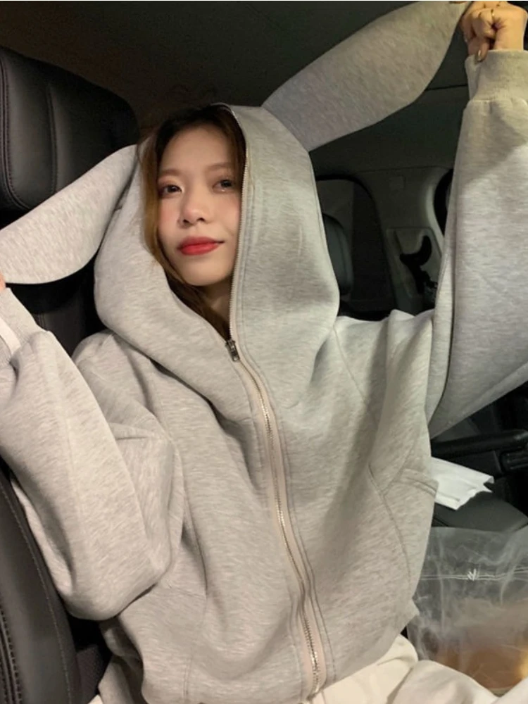 Deeptown Kawaii Bunny Ears Hoodies Women Harajuku Streetwear Gray Zip Up Sweatshirts Loose Long Sleeve Coats Tops Korean Fashion