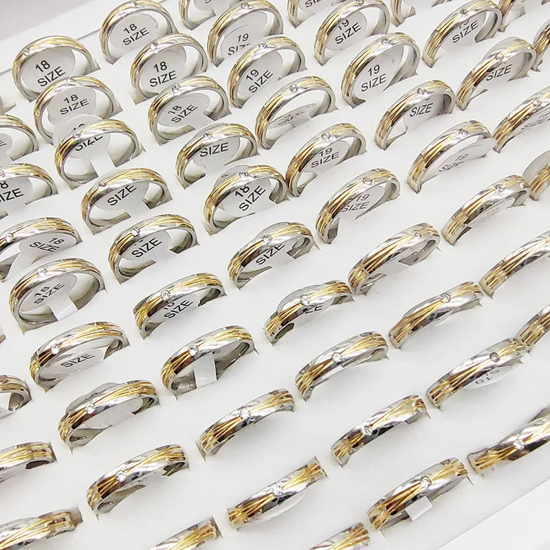 15pcs/Lot In Stock Wholesale Thin Stainless Steel Finger Rings For Women Double Colors Crystal Joint Ring Party Wedding Jewelry