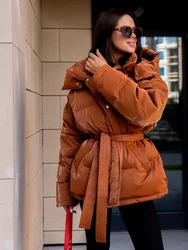 Women's Glossy Autumn Winter Hooded Cotton Padded Jacket Loose Long Sleeve Lace Up Warm Coat 2025 New Lady Fashion Party Outwear