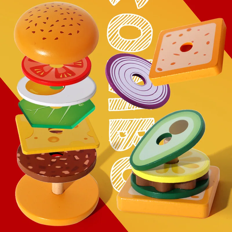 Juegos de cocina de simulación Montessori para niños, comida de hamburguesa, sándwich de madera, juego de simulación a juego, juguetes para niñas
