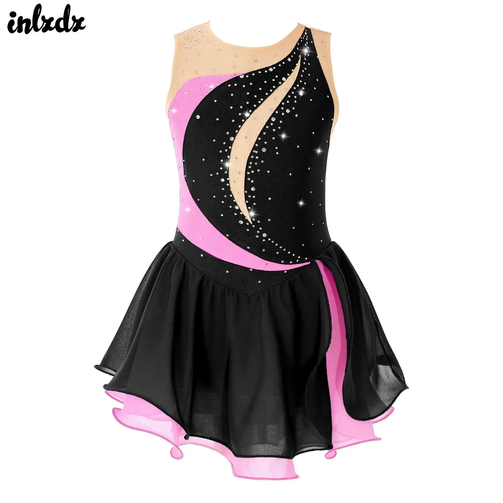 

Kids Girls Gymnastics Leotards Ballet Lyrical Dance Performance Costumes Rhinestone Mesh Splice Figure Skating Dance Dresses