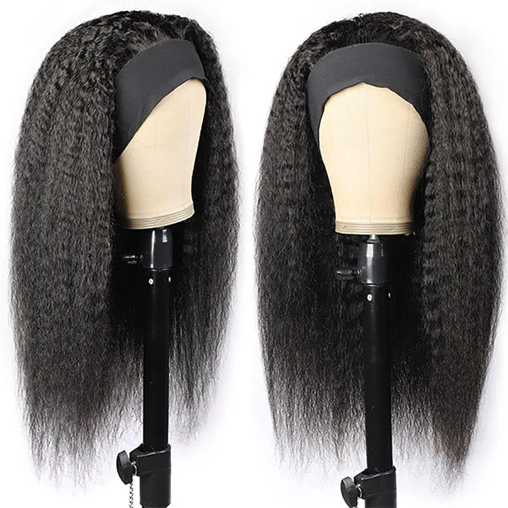 Wig bando lurus Kinky Wig rambut manusia Remy siap untuk dipakai Wig rambut manusia ikat kepala lurus Yaki Brasil untuk wanita