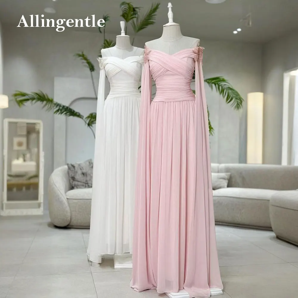 

Pink Chiffon Strapless Long Prom Dress with Pleats Zipper Back A-Line Formal Evening Gown with Beading for Arabic Customized