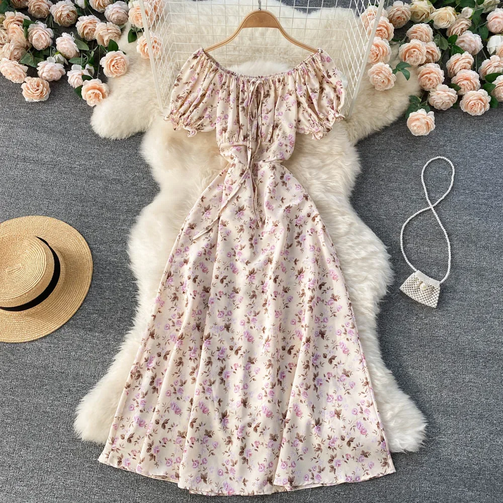 Women Floral Dress bohemian A-Line slash neck short sleeves dress summer vintage beach off shoulder Polka Dot Sundress