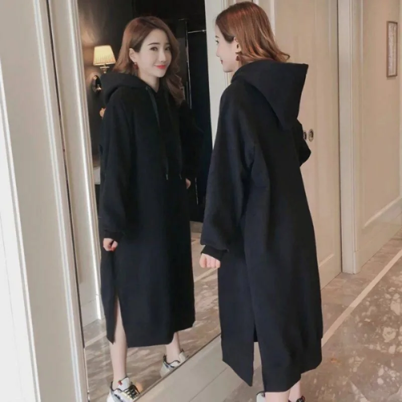 Women Autumn Winter Loose Black Hoodie Dresses New Korean Thick Velvet Long Sleeve Red Medium Length Dress Temperament Commuting