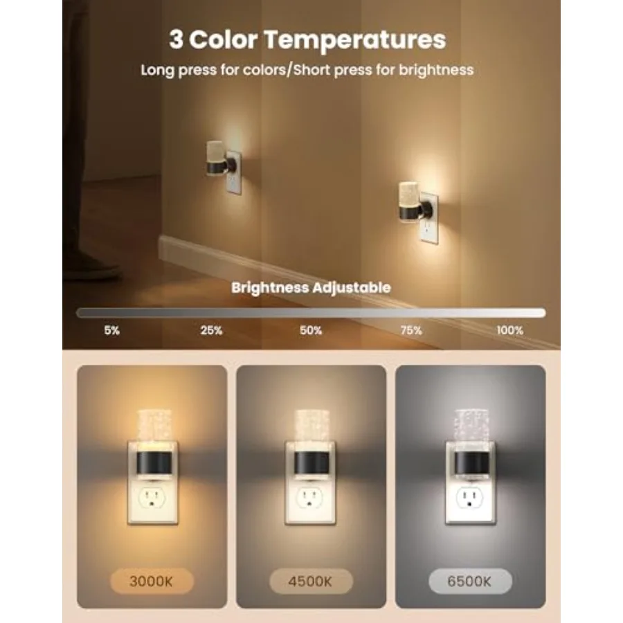 LED Night Lights Plug into Wall, Dimmable Night Light 3 CCT and 5 Brightness Levels, Acrylic Bubble Nightlight with Dusk to Daw