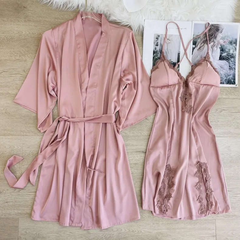 2PCS Kimono Robe Sleepwear Women Sleep Suit Night Dress Sexy Silk Sleepdress Mini Home Clothes Lounge V Neck Lace Edge Nightgown