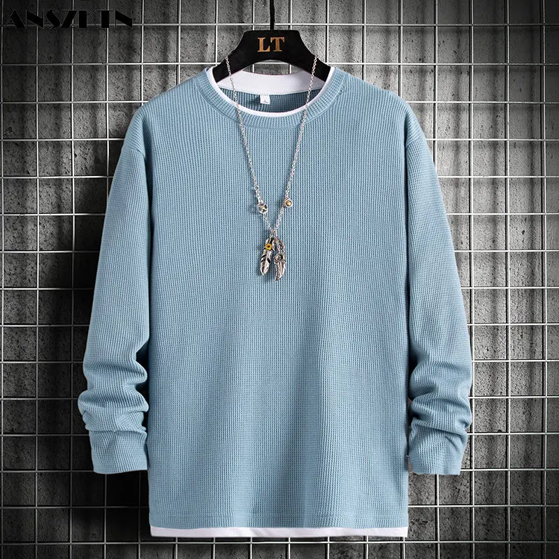 

ANSZKTN High quality waffle two long sleeve sweatshirt men's spring autumn men's Korean version loose top pullover