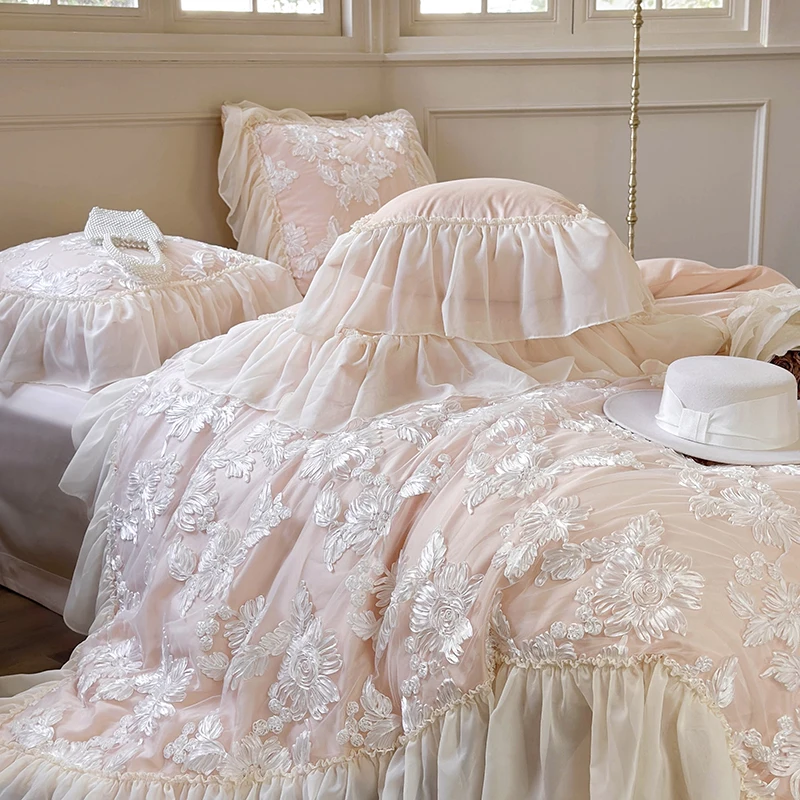 

Chiffon Lace Flowers Bedding Set Luxury Pink Egyptian Cotton Girl Duvet Cover Bed Sheet Pillowcases Solid Color Home Textile