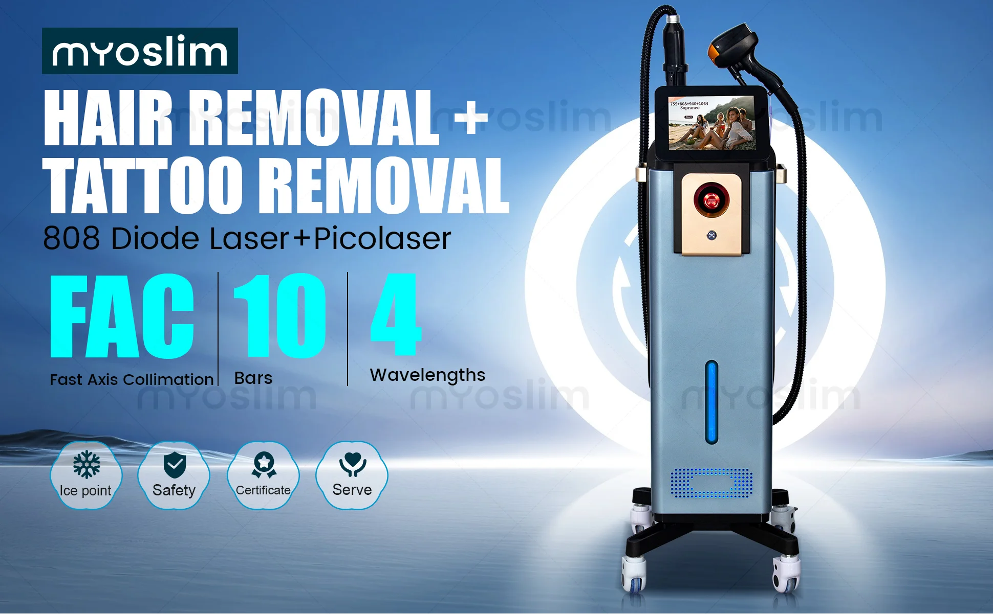 Diode Hair Removal 4 Wavelengths Pico Tattoo Removal Machine 755nm FAC Collimation Ice Cooling System Foldable Touch
