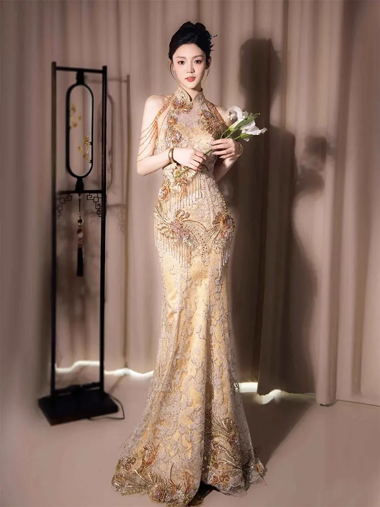 

Платье для тостов цвета шампанского, новый Cheongsam невесты и рыбий хвост, легкая роскошная тяжелая промышленность, помолвка в китайском стиле