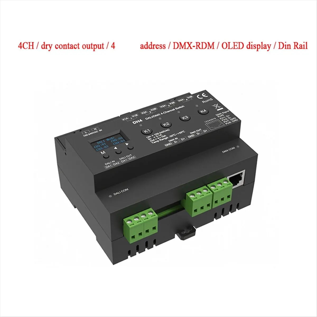 【DT56】For 4-Channel Switch With OLED Display Screen Relay 4CH Dry Contact Output 4 Address -RDM Din Rail 100-240VAC