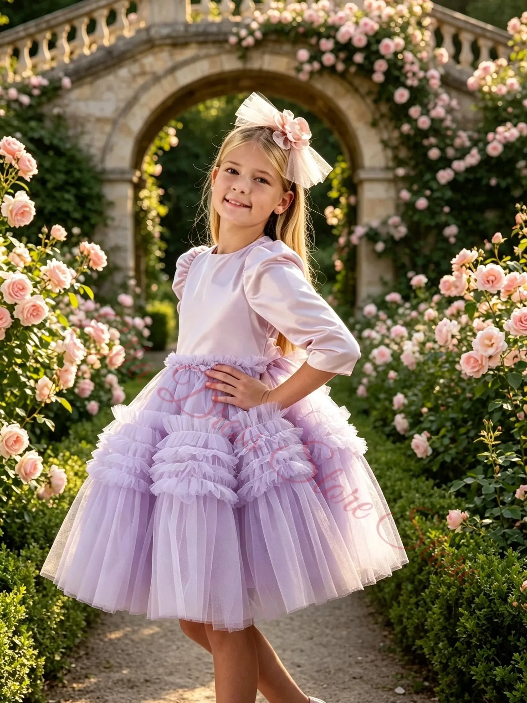 Einfach Anpassbares Blumenmädchenkleid für Hochzeiten, Satin-Tüll, Knielang, Kindergeburtstagsfeier, Erstkommunion, Ballkleid, Großhandel – Detail 4