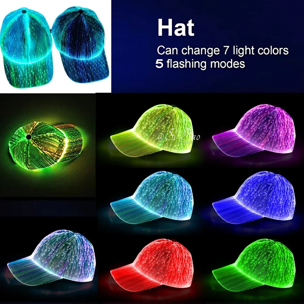 

LED Fiber Optic Luminous Women Men Lovers Baseball Cap Music Festival Xmas Halloween Hip Hop Black White Hat Holiday Performance