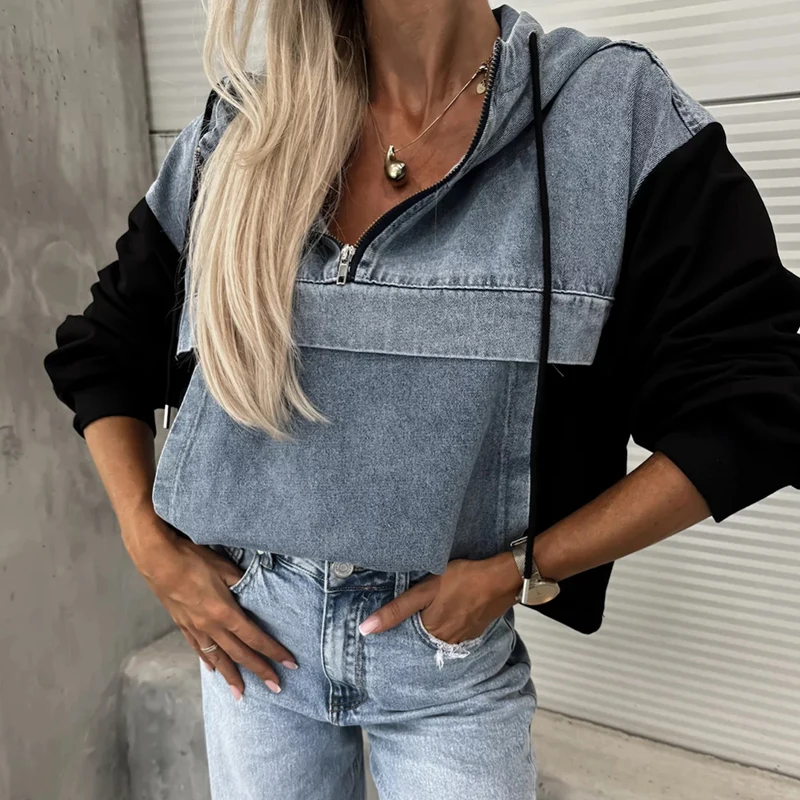 Autumn New Women\'s Denim Patchwork Hoodies Tops Fashion Zipper Pocket Loose Pullover Casual Long Sleeve High Street Sweatshirts