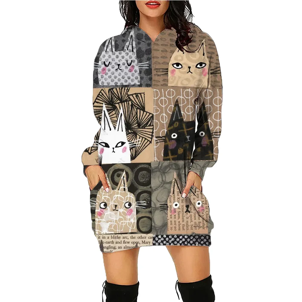 Pet Curtoon Cat Printed Hoodie Dress Women\'s Top Workout Sweatshirt Long Sleeve Pullover Autumn Winter Loose Tee Traf Vestidos