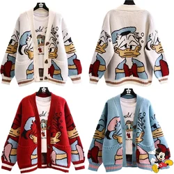 Disney Donald Duck Cartoon maglione cappotto da donna autunno/inverno Cardigan allentato maglione lavorato a maglia Top abbigliamento regalo Kawaii