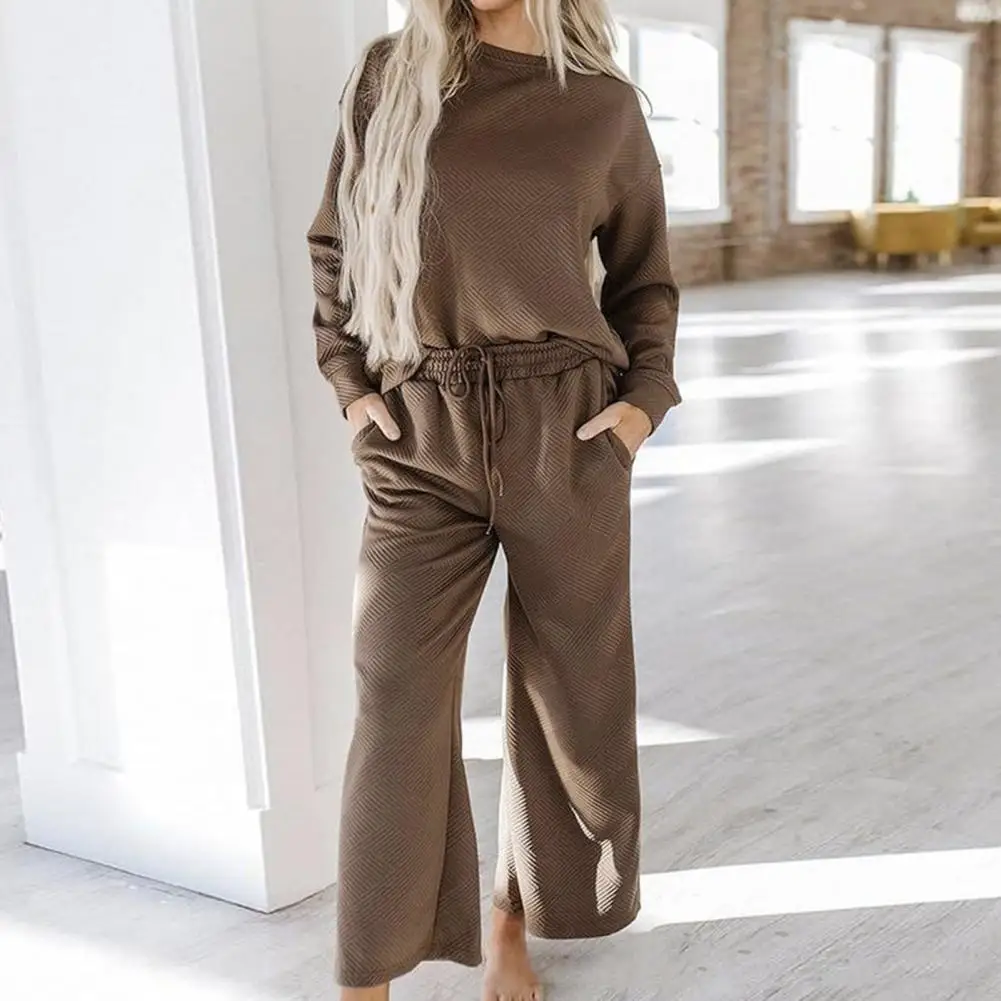 Lightweight Suit Loose Fit Suit Women's Textured Solid Color Sweatshirt Wide Leg Trousers Set Round Neck Long Sleeves for Fall