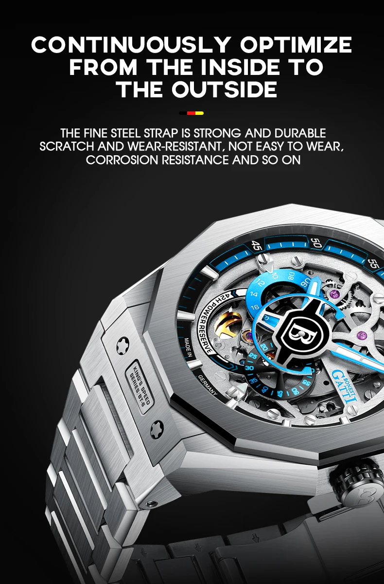 BONEST GATTI ساعة أوتوماتيكية للرجال ساعات فاخرة ساعة يد ميكانيكية عسكرية هيكل عظمي مقاوم للماء حزام فولاذي مضيء من الياقوت #1