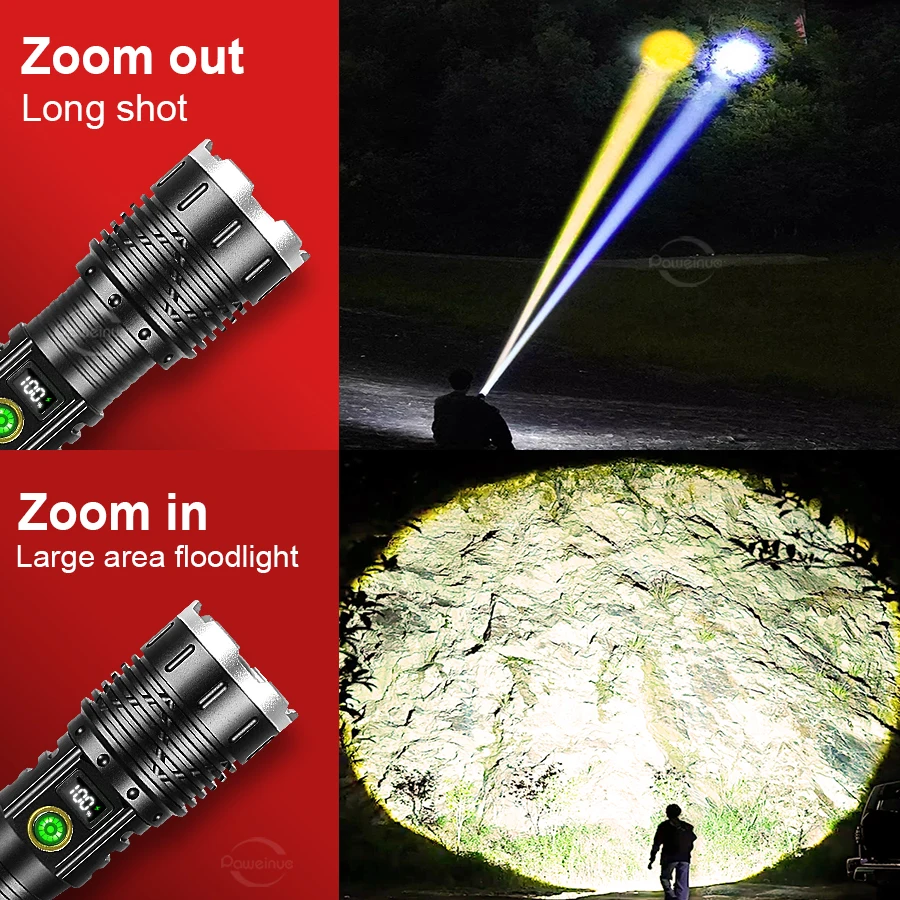 9000000LM High Power Flashlight Rechargeable White And Yellow Light Torch Waterproof Outdoor Work Light Camping Lantern