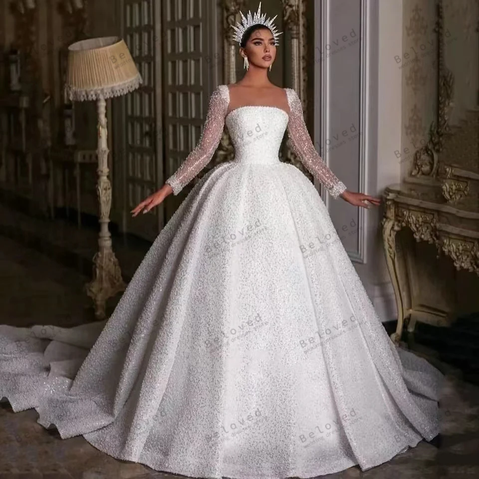 Exquisite Brautkleider Prinzessin Brautkleider Voile glänzende Roben für formelle Party quadratischen Kragen volle Ärmel Vestidos de Novia