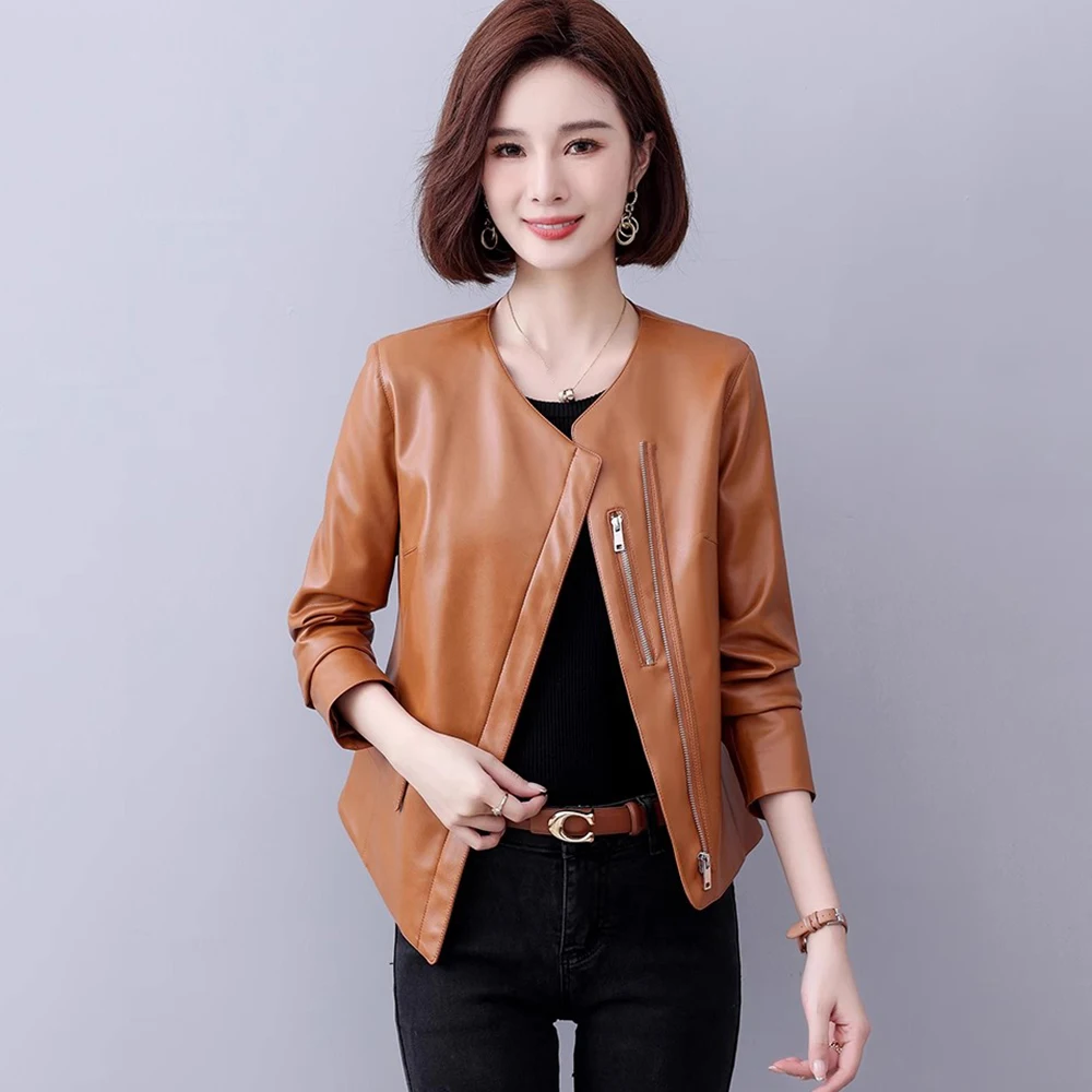 New Women Leather Jacket Spring Autumn Fashion Sweet O-Neck Zipper Fly Slim Short Coat Split Leather Casual Outerwear