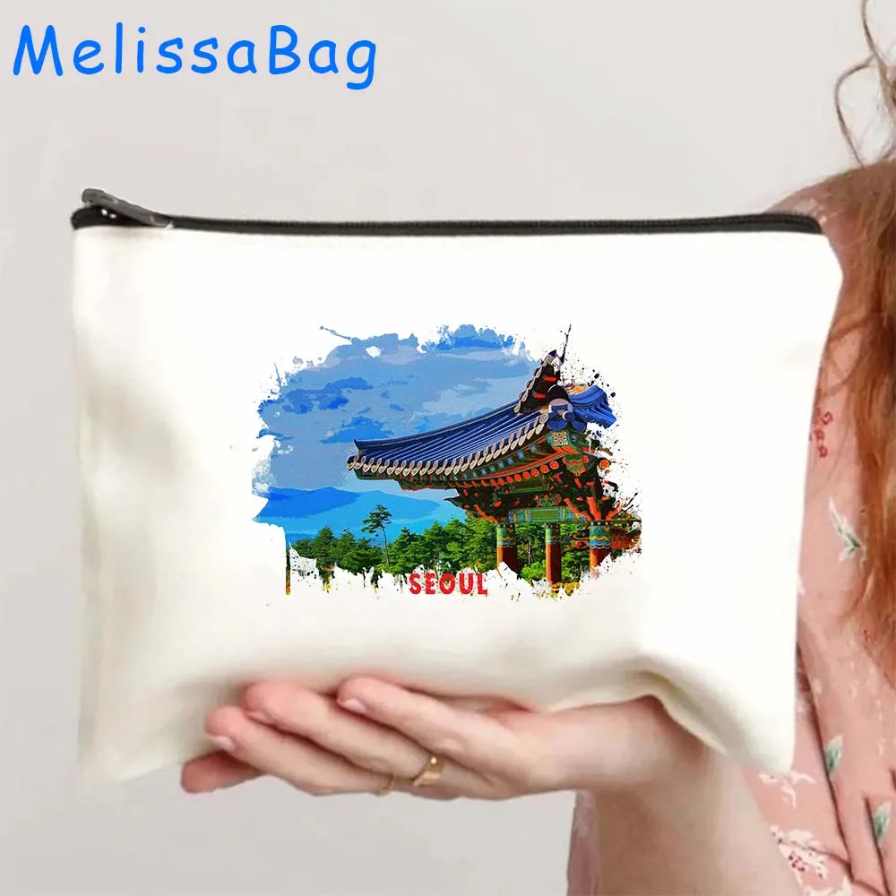 San Miguel De Allende Santa Monica Seoul Watercolor Painting Cute Canvas Cosmetic Bag Makeup Toilet Bag Pencil Case Zipper Pouch