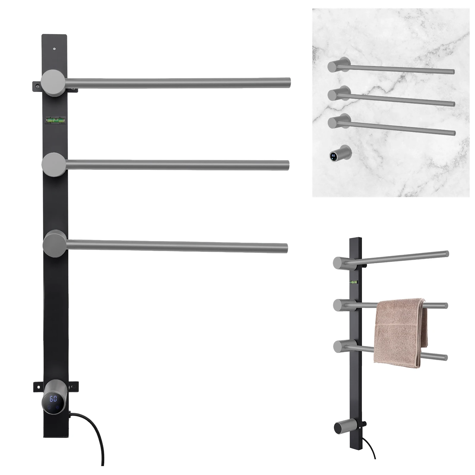 

Electric Towel Rack Stainless Steel Towel Drying Rack with Timer 3 Bar Wall Towel Warmer, LED Display Heated Towel Bar