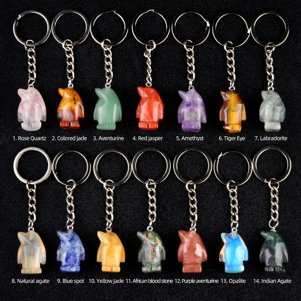 10pcs Carving Little Penguin Stone Key Rings Chakra Gem Charms Keychains Healing Crystal Keyrings for Women Men