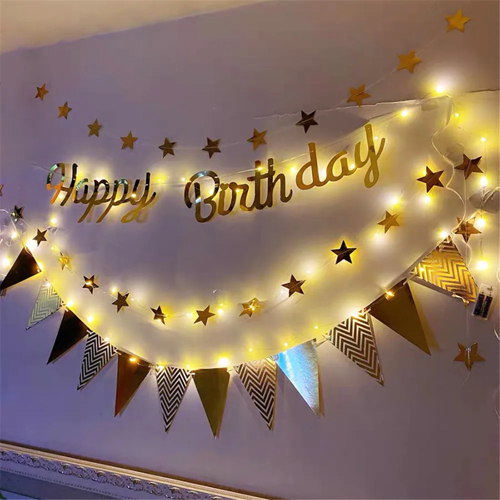 Multi Themes DIY Colored Lights Happy Birthday Banner Decorations Photo Booth Happy Birthday Bunting String Lights Flags Set