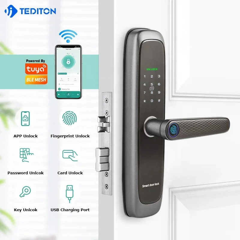 008 Tediton Tuya Kunci Pintu Pintar Harga Grosir Keamanan Rfid Digital Tuya WIFI Remote Control Kunci Pintar Sidik Jari
