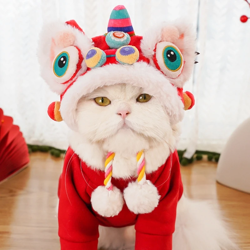 Hats for Cats Cute Plush Pet Hat Chinese New Year Costume Soft Warm Lion Dance Clothes for Cat Puppy Dog Holiday Dress up