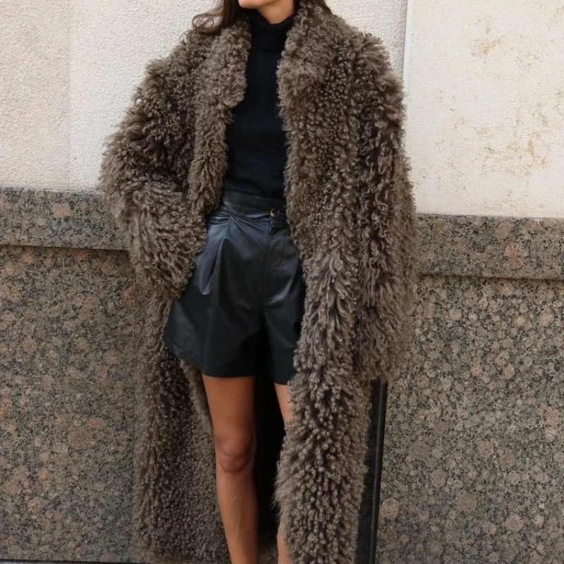 المرأة الصلبة فرو الضأن معطف طويل أنيق موضة التلبيب كم كامل معاطف دافئة سيدة شيك شارع العليا ملابس خارجية شتوية غير رسمية 2026 #1